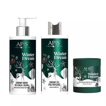 Apis Winter Dream zestaw krem do ciała i dłoni 300ml + żel pod prysznic 300ml + naturalna świeca sojowa 220g