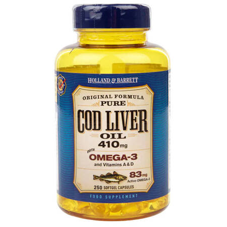 Holland &amp; Barrett Cod Liver Oil olej z wątroby dorsza 410 mg 250 kapsułek miękkich