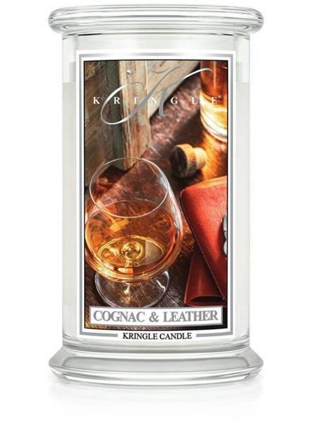 KRINGLE CANDLE Duża świeca z dwoma knotami Cognac & Leather 623g