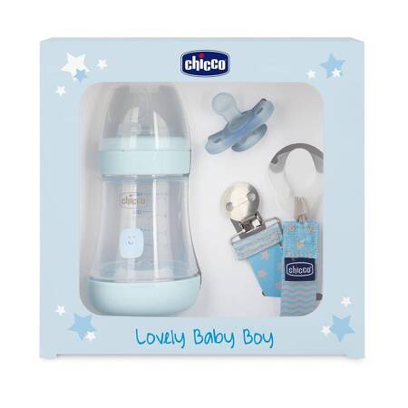 Lovely Baby Boy zestaw butelka antykolkowa Perfect 5 150ml + smoczek Physioforma Mini Soft + tasiemka do smoczka