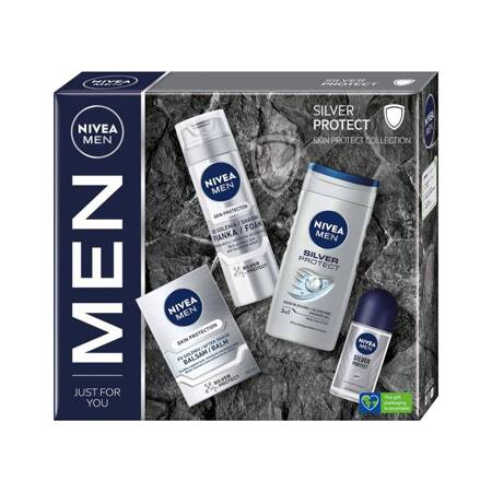 Nivea Men Silver Protect pianka do golenia 200ml + balsam po goleniu 100ml + antyperspirant roll-on 50ml + żel pod prysznic 250ml