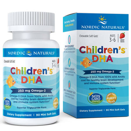 Nordic Naturals Children&#039;s DHA 250mg 90 miękkich kapsułek o smaku truskawkowym