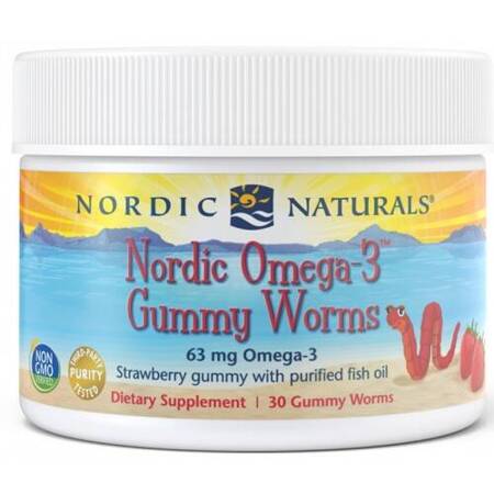 Nordic Naturals Omega-3 Gummy Worms 63mg - 30 żelek o smaku truskawkowym