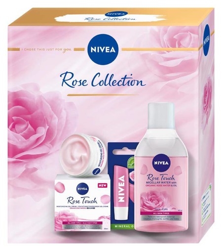 Rose Collection zestaw nawilżający żel-krem z organiczną wodą różaną i kwasem hialuronowym 50ml + micelarny płyn dwufazowy z olejkiem 400ml + pielęgnująca pomadka do ust Soft Rose 4.8g