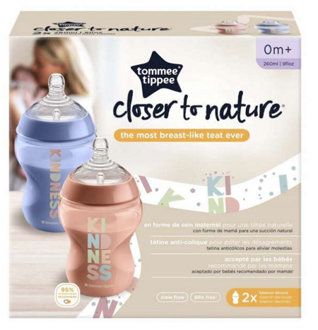 Tommee Tippee Closer To Nature butelka do karmienia ze smoczkiem silikonowym 0m+ 2x260ml